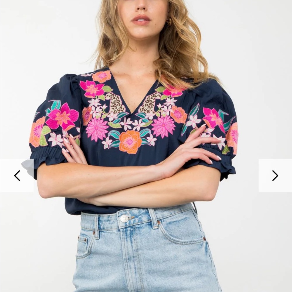 THML Anthropologie | Jungle Floral Cheeta Navy Floral Embroidered Blouse